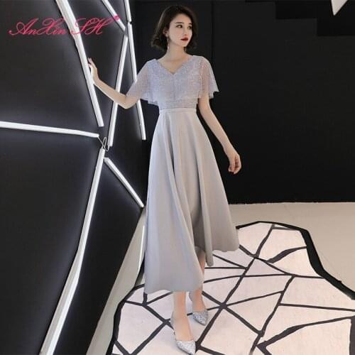 AnXin SH princess grey lace evening dress vintage v neck a line zipper evening dress beach ruffles flower grey evening dress