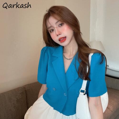 Blazers Women Thin Short Sleeve Summer Street Elegant All-match Retro Ladies Outerwear Double Buttons Solid Color Female Korean