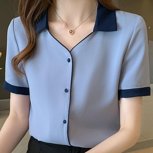 Blusas Blouses Top Femme Short Sleeve Chiffon Blouse Shirt Blouse Women Blusas Mujer De Moda 2021 Verano V-Neck Tops Women E841