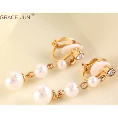 GRACE JUN Hot Sale Rhinestone Simulated Pearl Clip on Earrings No Pierced for Women Luxury Gold Color No Hole Earrings Wholesale