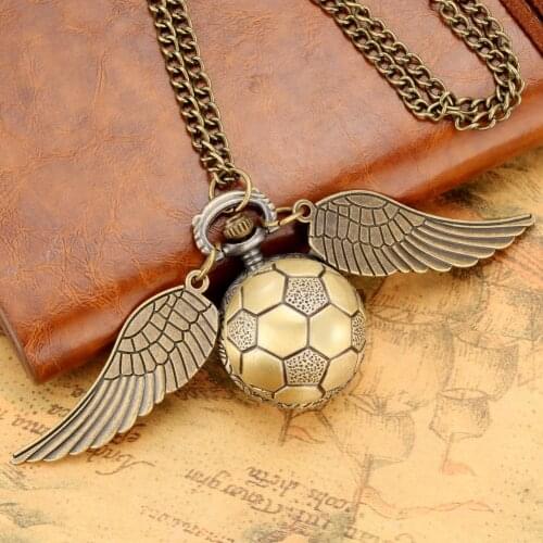 Bronze Retro Ball Shaped Quartz Pocket Watch Mini Cute Polished Sweater Angel Wings Chain Souvenir Necklace Gifts for Child kids