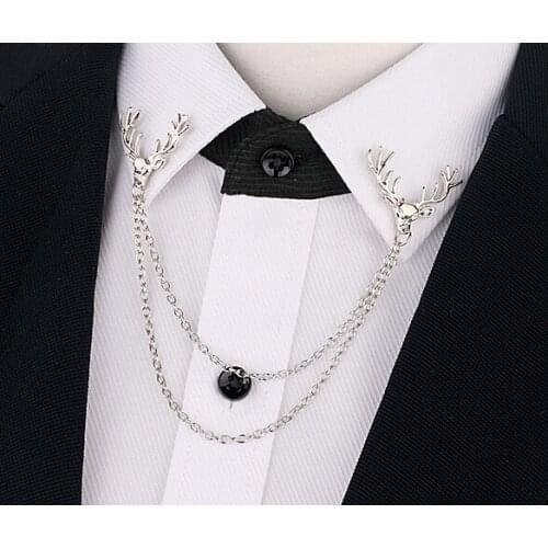 I-Remiel Gold Zinc Alloy Metal Elk Brooch with Double Chain Collar Pins and Brooches for Men Women Shirt Suit Decoration
