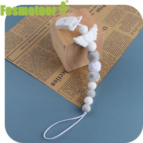 Fosmeteor Food Grade Silicone Teething Bead Angel Wing BPA Free Baby Nipple Clip Chain Nipple Holder Baby Shower Gift