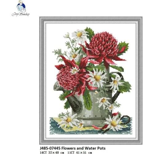 Flowers and Water Pots Counted Printed on Fabric DIY Hand Cross Stitch kits Embroidery Needlework Home Decoration Accessories