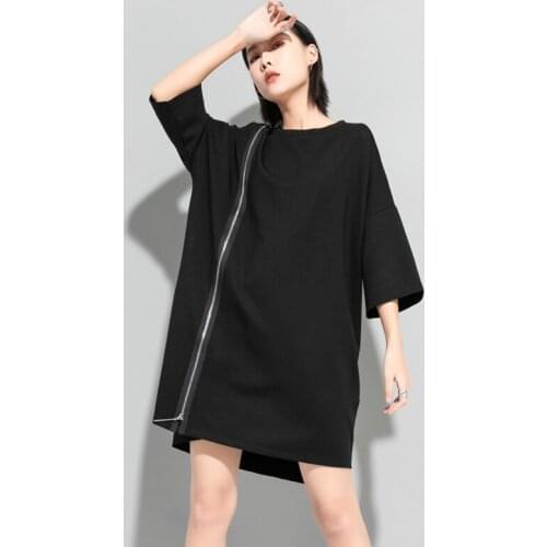 Fashion Irregular O-Neck Black Summer Tees Tops Women Dress Short Sleeved Zipper Big Loose Size Cotton Casual Long T-Shirt