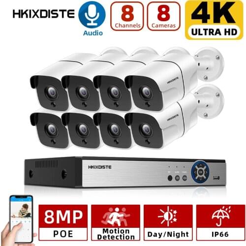 4K 8CH NVR Security Camera System POE Outdoor Waterproof Audio Bullet Video Surveillance Camera Kit Home IP Monitoring Cam Set