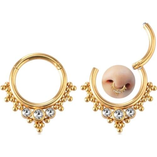 1PC Clear Zircon Cluster Beaded Hinged Septum Rings Clicker Septum Piercing Jewelry Surgical Steel Nose Ring Cartilage Earring