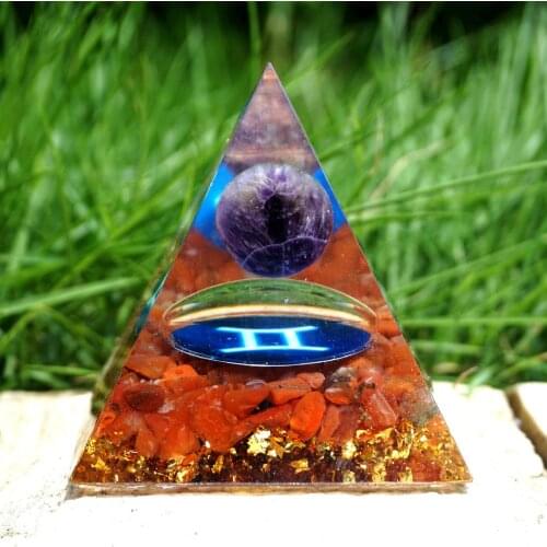 Handmade Orgonite Pyramid 60mm Zodiac Amethyst Sphere Red Agate HEALING Crystal Reiki Orgone Pyramid Chakra EMF Protection