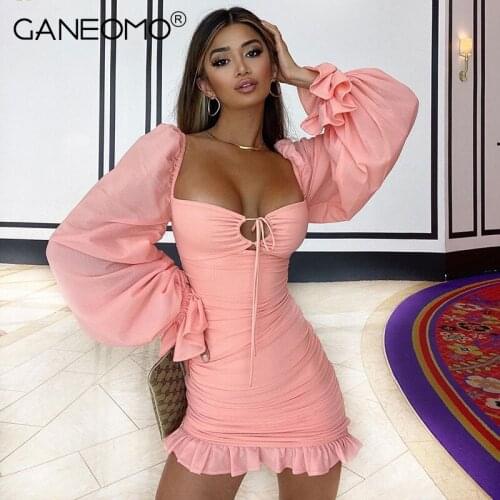 Fall Puff Sleeve Bodycon Dress Women 2021 Autumn Ruched Hollow Out Bandage Mini Dresses Party Elegant Pink Green Casual Vestidos