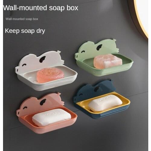 Pp Material Creative Piggy Bathroom Wall Mount Soap Box Double Drain Box Shelf Double Soap Box Perforated Soap Storage Box