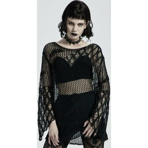 PUNKRAVE Womens Goth Irregular Hollow Medium Long Length Sweaters Daily Casual Sexy Loose Slits Hem Knitted Sweater