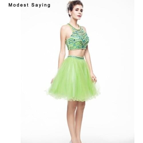 Luxury Sexy Lemon Green A line 2 Pieces Beaded Mini Homecoming Dress 2017 with Rhinestone Short 8th grade graduation Prom gowns