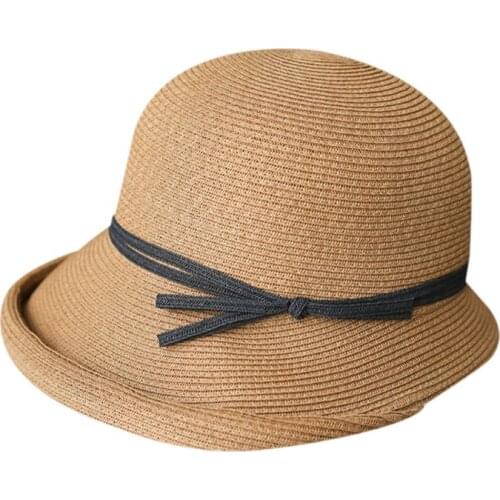 Women Hepburn Retro Sun Hat Contrast Color Bowknot Roll Brim Foldable Bucket Cap A0NF