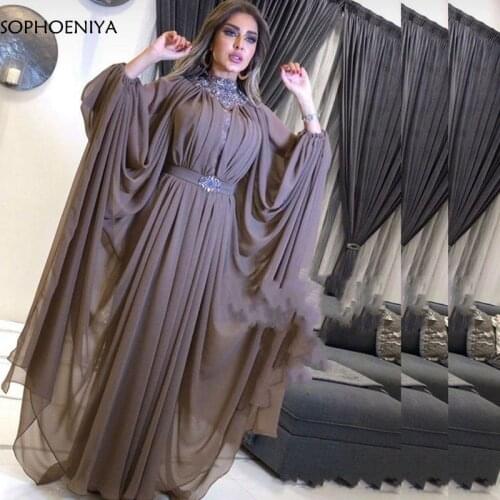 New Arrival Chiffon Long sleeve evening dresses Plus size High Neck Dubai Arabic Muslim evening dress Party Robe soiree