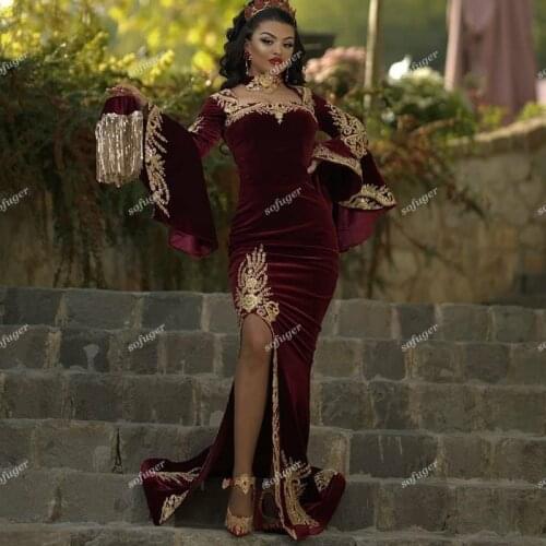 Burgundy Mermaid Evening Dresses Moroccan Kaftan Detachable Train Golden Appliques Robe De Soiree Celebrity Wedding Party