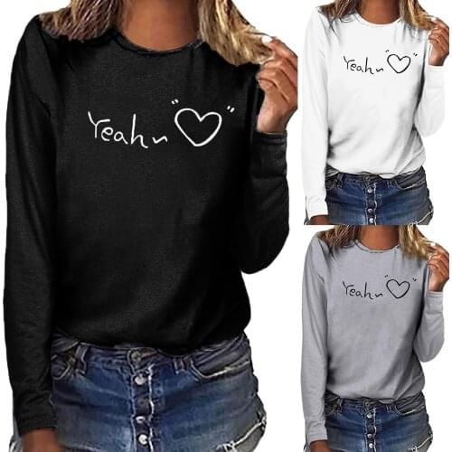 Casual T-shirt Womens Heart Printed Loose Round Neck Long Sleeve Tops Autumn Clothing Three Colors S-2xl Рубашка Женская
