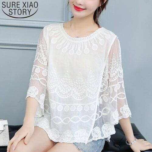 2021 Summer Women Lace Shirt O Neck Printing Lace Shirt Female Knit Hollow Flower Blouse Women Tops and Blouses One Size 4015