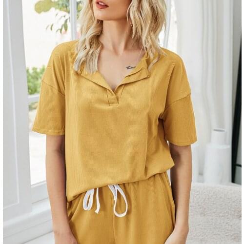 2021 Summer Women Solid Casual Tracksuits Fashion Loose V-Neck T-shirt Drawstring Shorts Suits Female Home Style Two Piece Sets