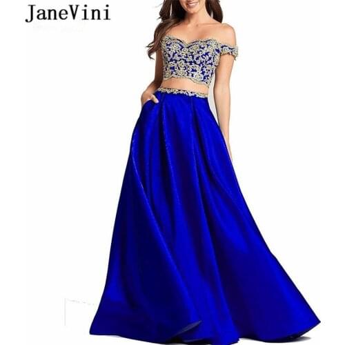 JaneVini Elegant Satin Royal Blue Prom Dresses Sweetheart Gold Appliques Beaded A Line Two Piece Gown Plus Size Prom Dress Woman