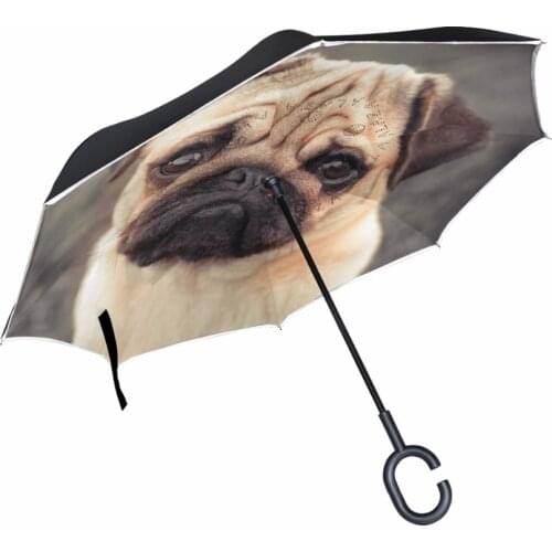 Cute Dog Pug Reverse Umbrella Windproof Umbrella C Handle Double-Deck Inverted Car Umbrellas for Kid