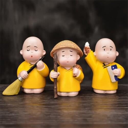 3Pcs/Set Cute Monk Cartoon Car Ornaments Zen Buddhism Blessing Lucky Mascot Chinese Kung Fu Tea Pet Office Desktop Gadgets