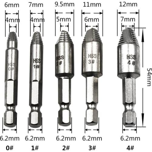 5Pcs Damaged Screw Extractor Set 1/4 Inch Hex Shank Hss Screw Remover Tool for Easily Speed Out Remove Broken or Stripped Stud B