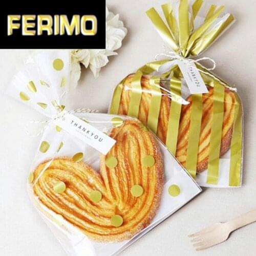 50pcs Gold Polka Dots Striped Party Transparent Cookies Bags Cellophane Bag Party Favor Plastic Candy Bags 25X15x6cm Open Top