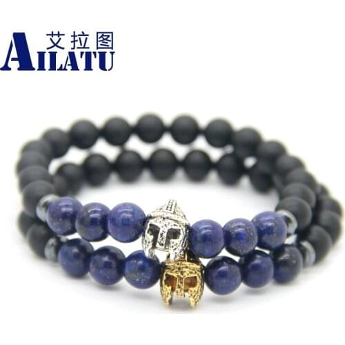 Ailatu 8mm Matte Onyx & Lapis Lazuli Stone Beads with Roman Warrior Helmet Bracelet Fashion Spartan Jewelry for Men Gift