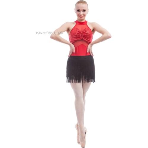 Free Shipping Adult Girls Halter Neck Red Sequin and Mesh Leotard, Black/Red Fringle Tassel Skirt Dance Wear 17098