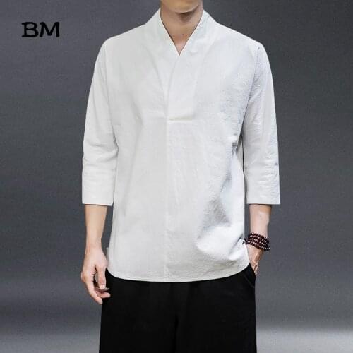 Chinese Style Cotton Linen T Shirt Men Summer Thin Hanfu Ancient Style 3/4 Sleeves Solid Color Kung Fu Clothes Harajuku Top