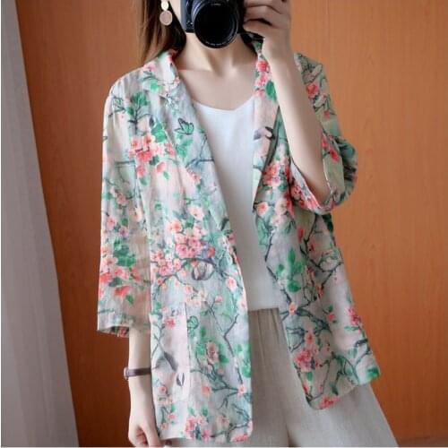 Spring Autumn Printed Cardigan Jacket Womens Loose Large Size Casual Suit Cotton and Linen Three-Sleeve Sleeve Top