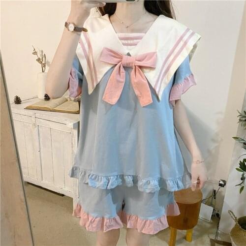 Summer Kawaii Pajamas Shorts Set Teen Girls Sleepwear Women 2021 Cute Fashion 2 Piece Pyjamas Female Home Wear Sailor Suit Blue