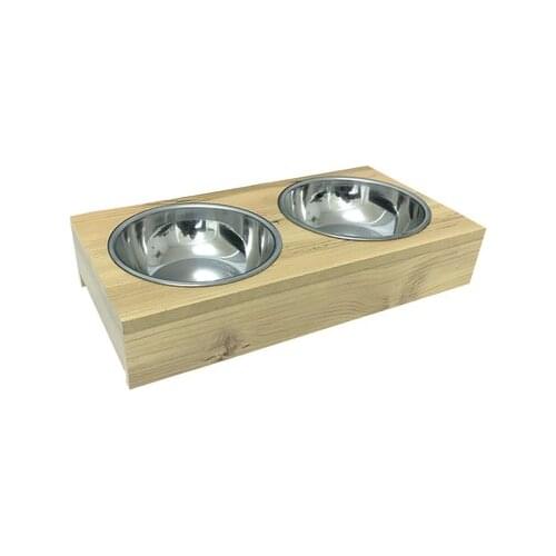 Stainless steel personalized real wood triple cat dog food pet feeder bowl ergonomic free name on it premium class 280 MLX2