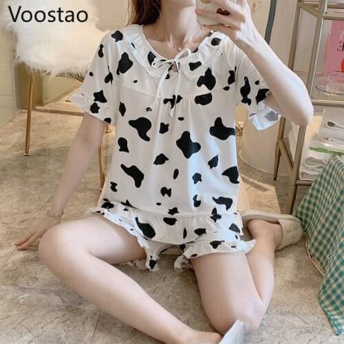 Sweet Cute Cows Pattern Pajamas Sets Summer Women Kawaii Princess Sleepwear Loose 2 Piece Set Clothes Girly Ruffles Loungewear