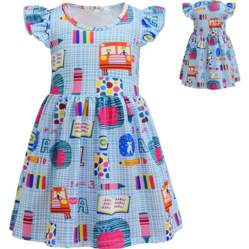 Baby girl Car to School Apple Pencil Clock Cartoon Printed Dress Milk Silk Children Casual Princess Clothes