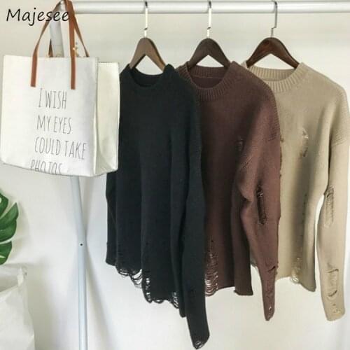 Pullovers Men Couples Hole Ripped Loose Solid Simple Leisure Knitted Sweater Male Trendy Harajuku Stylish All-match Ulzzang Chic