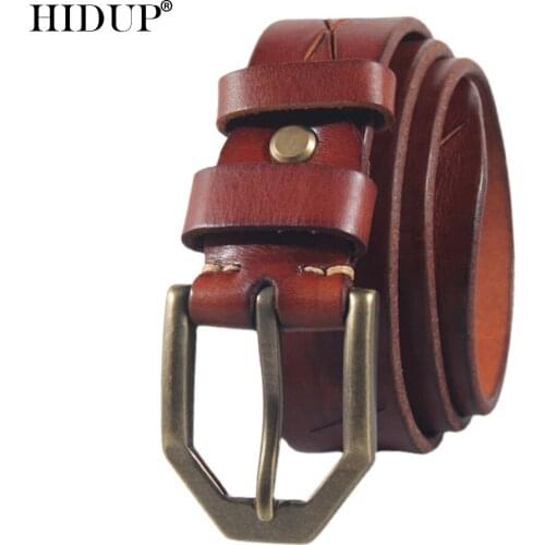 HIDUP Top Quality Cut Line Retro Styles Pure Cowhide Leather Belt Brass Pin Buckle Metal Belts for Men Jeans Accessories NWJ1019