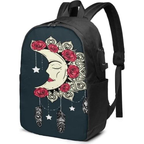 Teenage Backpack for School Boy Girl Moon Mandala Dreamcatcher With Feathers Stars And Roses School Bag USB Charging Bookbag