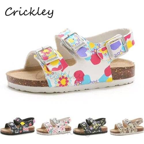 Summer Kids Sandals Cartoon PU Printing Leather Flat Heels Boys Cork Sandals for Girl Kids Toddler Buckle Strap Beach Slipper