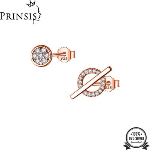 PrinSis Genuine 925 Sterling Silver Fashion Sweet Asymmetric Stick Round Dazzling CZ Stud Earring For TWomen Jewelry DD790