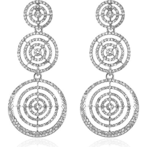 Korean Style Geometric Full Rhinestone Drop Earrings for Women Silver Color Alloy Earring Bridal Wedding Party Jewelry Gift