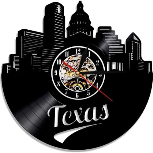 Texas Skyline Wall Clock Modern Design USA States Dallas Cityscape Vinyl Record Hanging Watch United States Travelers Decor Gift