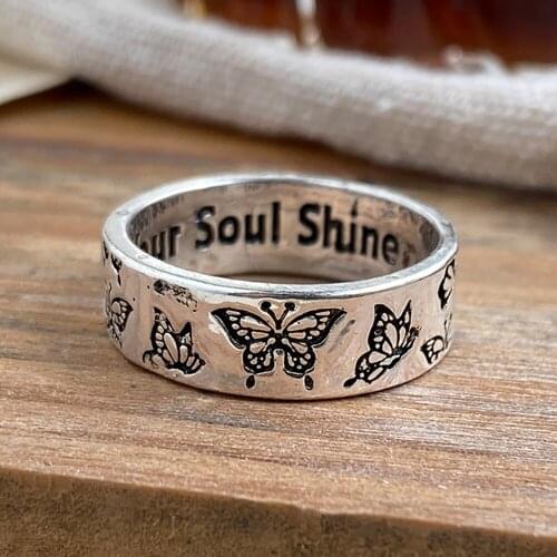 Vintage Simplicity Carved Flower Ring for Women Men Bohemian Delicate Butterfly Letter Handmade Ring for Female Gifts
