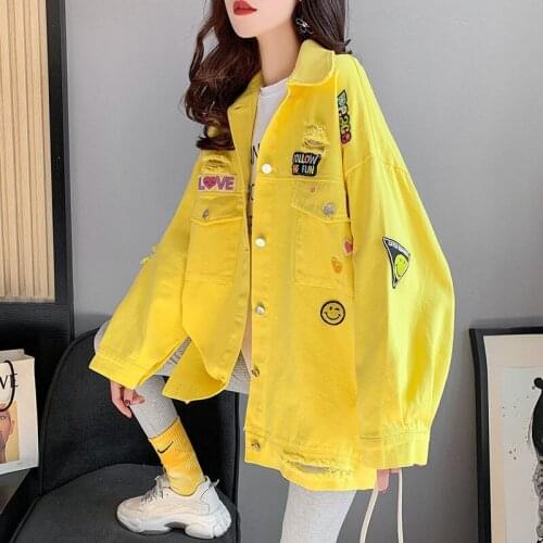 New Arrival Wild Casual Embroidery Denim Jacket Ladies 2021 Spring Loose Hole Jeans Coats Tops Long Locomotive Cool Jackets Coat