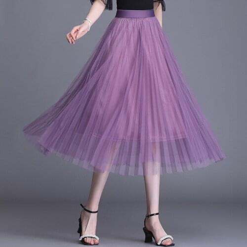 Fashion New Summer Ladies Free Size Elastic Waist A-Line Mesh Solid Color Pleated Long Skirt Elegant Women‘s Wedding Pettiskirt