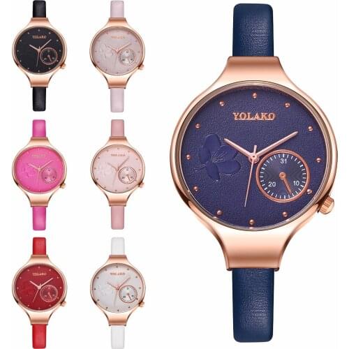 2020 New YOLAKO Brand Women Fashion Blue Quartz Watch Lady Leather Flower Watch High Quality Casual Wristwatches Gift Clock
