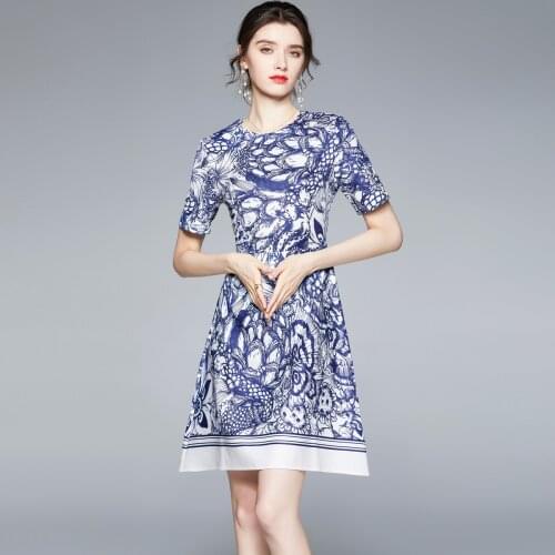 Women Summer Dresses Office Lady A-LINE Printing Mid-Calf Women Dresses O-Neck Elegant Short Party Night 2021 New Women Dresses