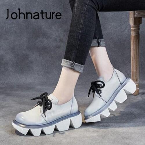 Johnature Pumps Women Shoes Retro Genuine Leather Platform Heels 2021 New Lace-Up Round Toe Wedges Concise Handmade Ladies Shoes