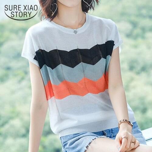 2020 Summer New Style Korean Women Short Sleeve Clothes Thin Knitted Pullover Ice Silk Blouse Candy Color Striped Blouse 9627
