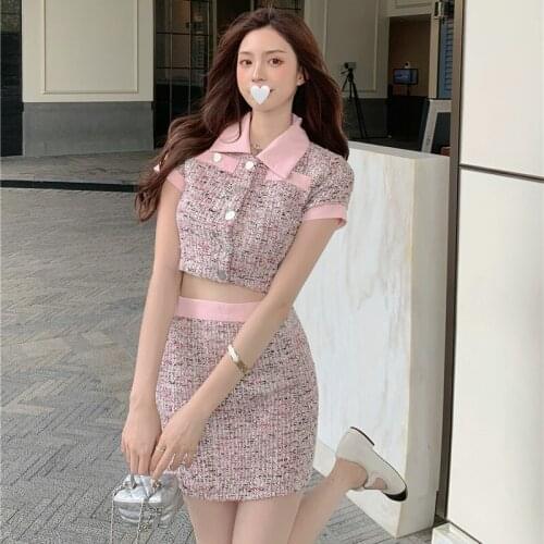 Pink Two-piece Suit Turn-down Collar Mini-dresses for Women Summer Korean Fashion Clothes Sweet Style Dress Elegant Dress
